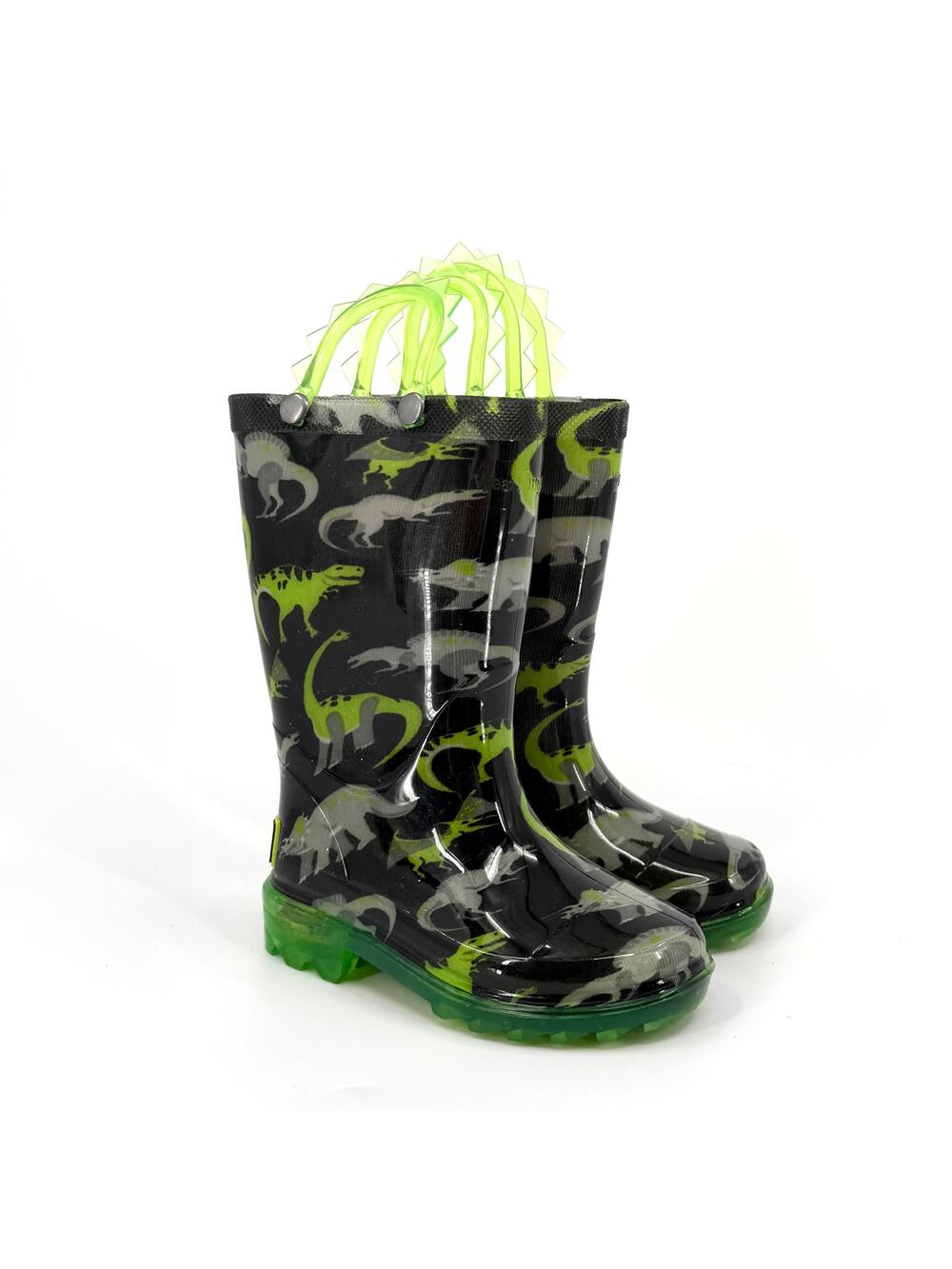 Western Chief Black Neon Green Dinosaur Light Up Waterproof Rain Boots